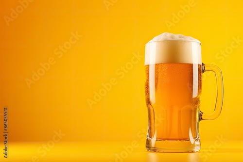 Beer glass with full beer isolated with a yellow background.