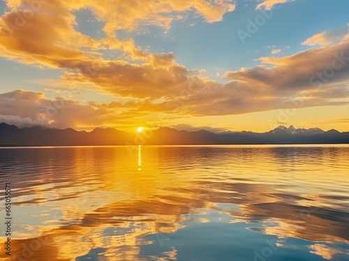 Bright sunset over Lake golden clouds reflect in the water.