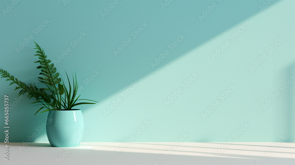Minimalistic blue background with plant pot shadow on a light wall. Beautiful background for presentation with with white floor Minimalistic blue background with plant pot shadow on a light wall. Beautiful background for presentation with with white floor