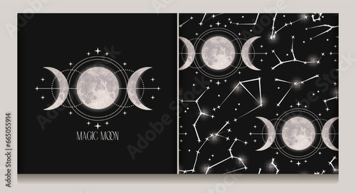 Label, seamless pattern with moon, crescent, stars, triple moon sign and zodiacal constellations. Wicca moon goddess symbol. Astrology, alchemy, boho, magic, mystery concept. Black background Not AI
