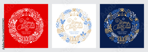 Set Christmas cards with Christmas tree, wreath, christmas elements. Vector illustrations