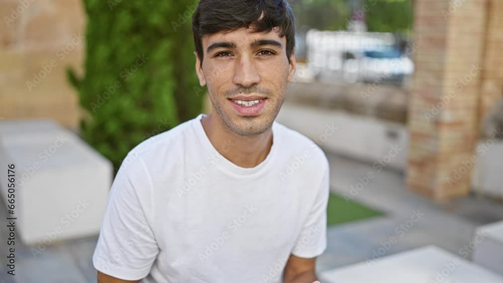 Handsome young hispanic man smiling, lost in digital conversation on his smartphone, immersing in a virtual world, while sitting on a park bench, embracing nature Handsome young hispanic man smiling, lost in digital conversation on his smartphone, immersing in a virtual world, while sitting on a park bench, embracing nature