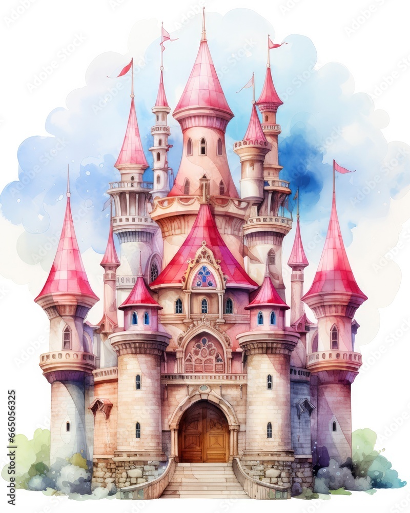 Colorful watercolor kawaii castle isolated on white background.