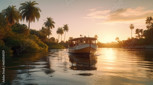 A tropical evening as you gaze at an old boat peacefully floating near palm trees during a mesmerizing sunset