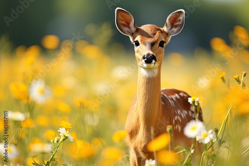Female roe deer with beautiful flower. photo