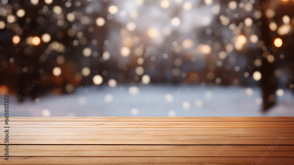 Wooden table top for product display on Christmas and winter theme with blur trees covered with snow and bokeh lights of celebration background Wooden table top for product display on Christmas and winter theme with blur trees covered with snow and bokeh lights of celebration background