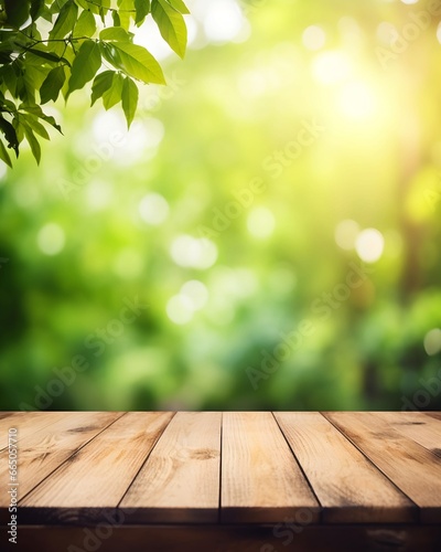 Green Nature Bokeh Leaf with Sunlight - Empty Old Wood Table for Product Presentation