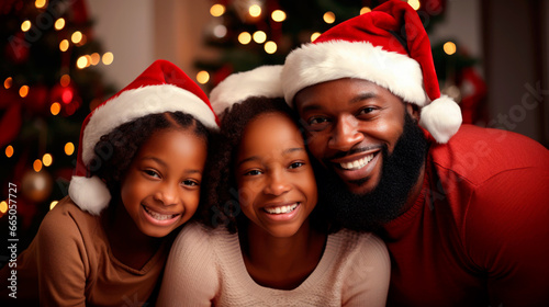 Merry Christmas. Portrait Of Happy Loving Black Family In Red Santa Claus Hat Celebrating Winter Holidays Together. Ai generated