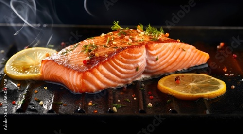 Gourmet cutlet of fresh salmon seasoned with herbs, spices, and lemon zest grilling on a griddle.