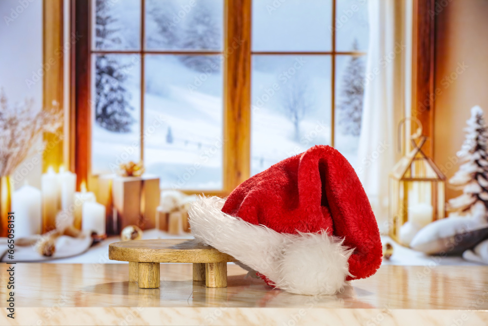 Fototapeta premium Winter window background and christmas tree. 
