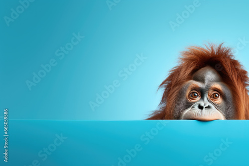 orangutan peeking over color wall, generative ai © AIGen