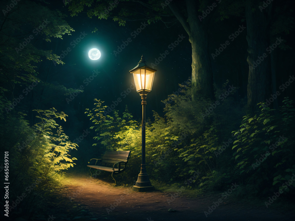 Night Forest View with Old Street Lamp and Wooden Bench