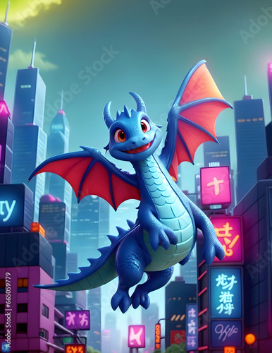 3D animation style cute dragon flying through the city. A mischievous cartoonlike cute dragon flying. photo