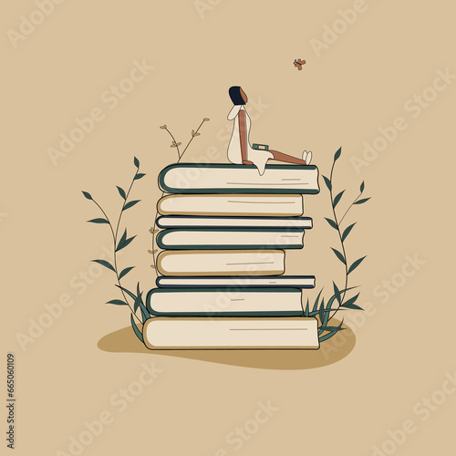Concept: book is source of knowledge.A tiny African woman with friend sitting on stack of books.Volumes with plants as symbol of education.For library or bookstore.Hand-drawn raster