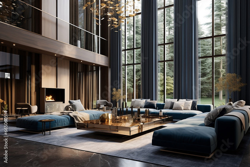 Sleek Luxury Interior with Large Windows: Light Gold and Dark Azure Tones, Meticulous Design, and Organic Forms