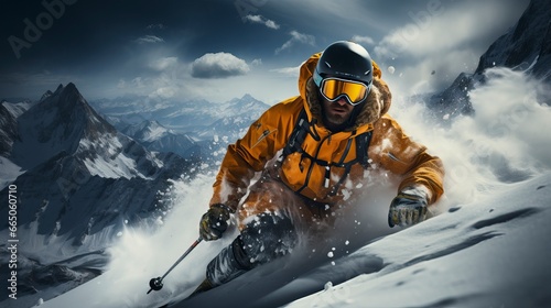 Skier going down the slope of snow covered mountains