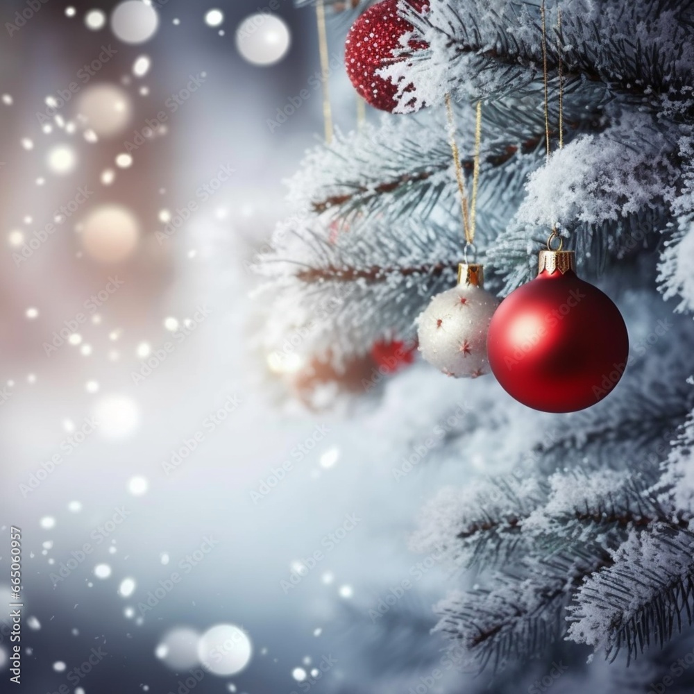 Obraz premium pine tree decorated with christmas balls, winter, AI generativeAI 