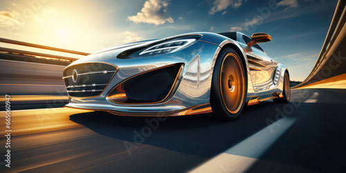 Close-up of wheel of fast sports car on highway: high speed auto in motion blur © AMK 