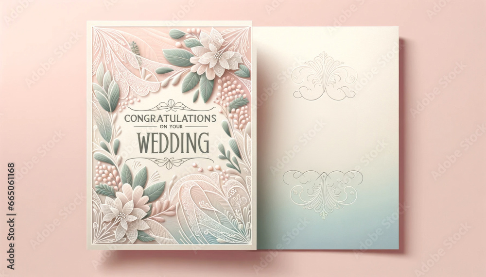 Wedding congratulations cards designed in soft, gentle pastel colors. Copy space layout text greeting card on pastel colored background. Love romance invitation celebration card.