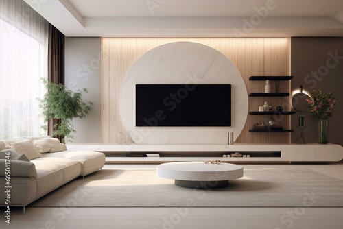 Minimal cream living room with a smart TV on the wall. Generative AI