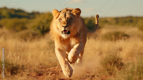 Young lioness is running with sunset shine on savana © Kedek Creative