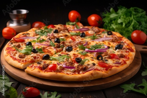 delicious pizza, trendy, premium toppings. Generative AI