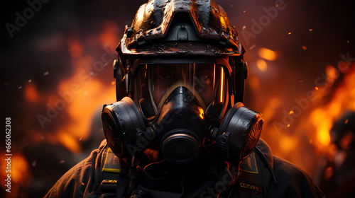Firefighter training., fireman using water and extinguisher to fighting with fire flame in an emergency situation., under danger situation all firemen wearing fire fighter suit for safety