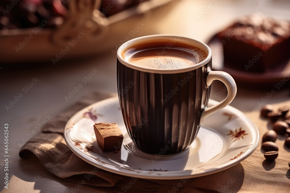 Black cup of freshly brewed hot coffee with chocolate sweet in the morning sunshine Black cup of freshly brewed hot coffee with chocolate sweet in the morning sunshine