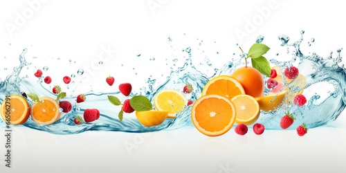 Swirl water splash with fruits. liquid flow with ice cubes and a mix of fresh fruits.