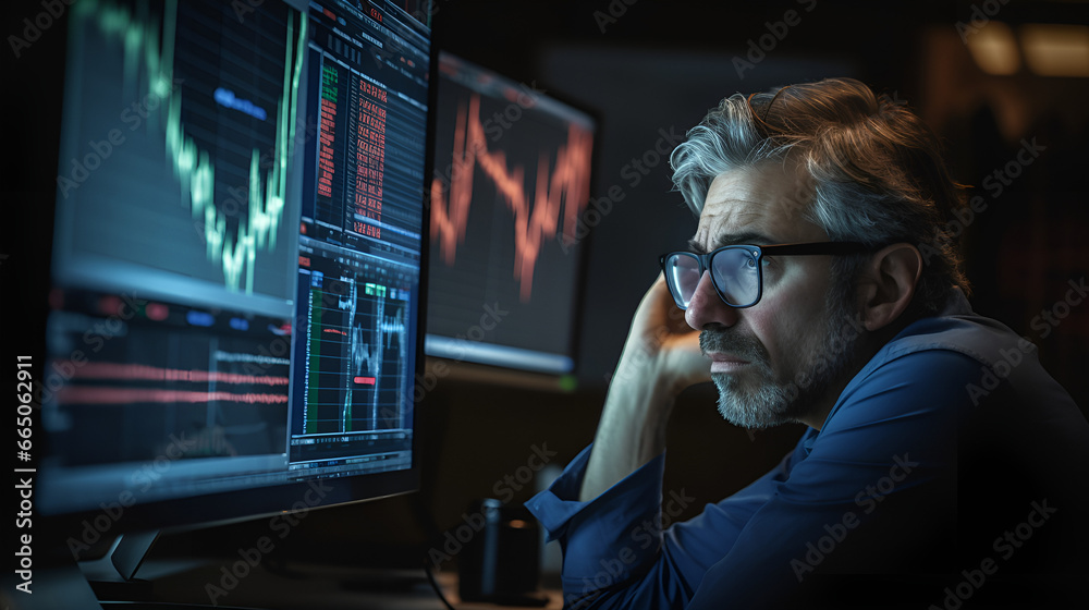 A worried broker watches the stock market chart on the monitor