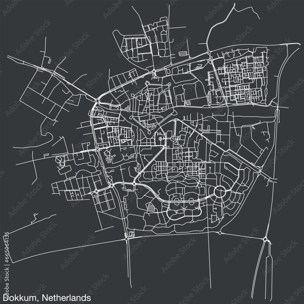 Detailed hand-drawn navigational urban street roads map of the Dutch city of DOKKUM, NETHERLANDS with solid road lines and name tag on vintage background