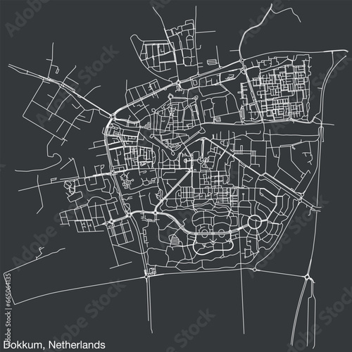 Detailed hand-drawn navigational urban street roads map of the Dutch city of DOKKUM, NETHERLANDS with solid road lines and name tag on vintage background