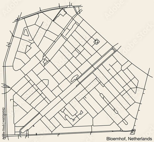 Detailed hand-drawn navigational urban street roads map of the Dutch city of BLOEMHOF, NETHERLANDS with solid road lines and name tag on vintage background