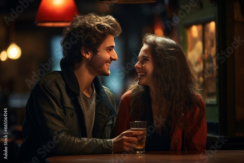 Date in a bar. Young man and woman in a evening pub. AI generative