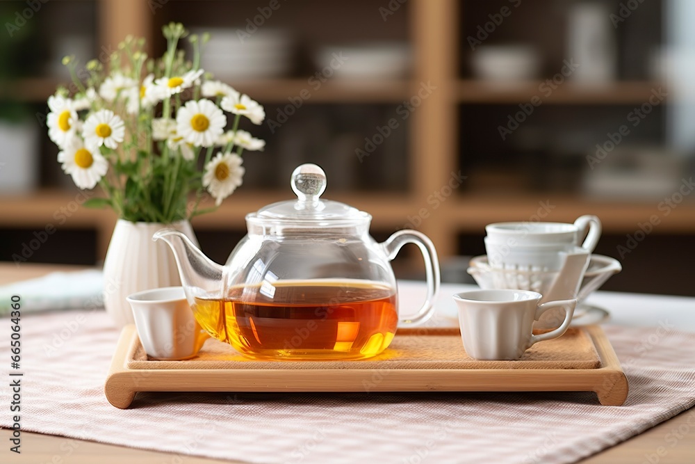 Wooden tray with teapot, cups of natural chamomile tea and flowers on table.