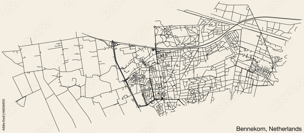 Detailed hand-drawn navigational urban street roads map of the Dutch city of BENNEKOM, NETHERLANDS with solid road lines and name tag on vintage background
