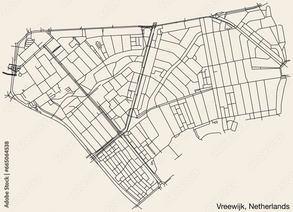 Detailed hand-drawn navigational urban street roads map of the Dutch city of VREEWIJK, NETHERLANDS with solid road lines and name tag on vintage background