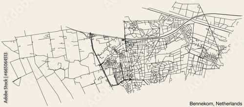 Detailed hand-drawn navigational urban street roads map of the Dutch city of BENNEKOM, NETHERLANDS with solid road lines and name tag on vintage background