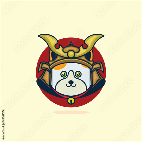 Cat With Samurai Helmet Logo Design Vector