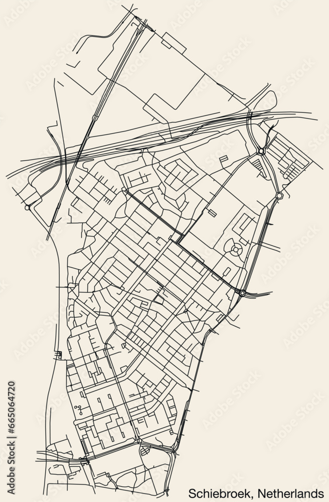 Detailed hand-drawn navigational urban street roads map of the Dutch city of SCHIEBROEK, NETHERLANDS with solid road lines and name tag on vintage background