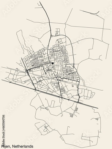 Detailed hand-drawn navigational urban street roads map of the Dutch city of RIJEN, NETHERLANDS with solid road lines and name tag on vintage background