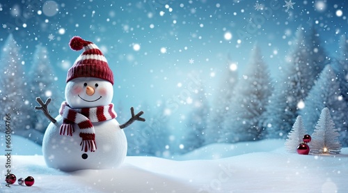 Happy snowman in the winter scenery. © MdBillal