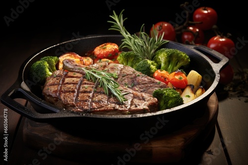 A deliciously cooked steak with a side of vegetables served in a skillet
