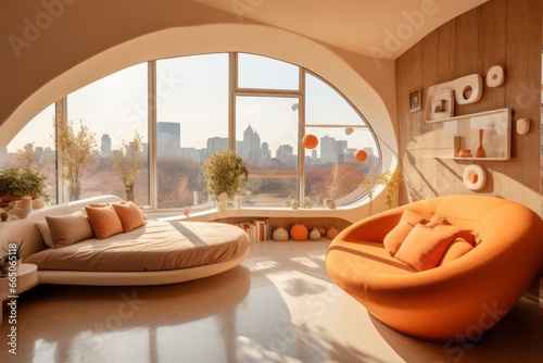 Bedroom design in a circular shape, in the style of brutalist architecture, orange and beige, retro-style © Stefan95