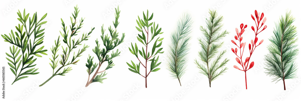 Watercolor Christmas Set with Evergreen Coniferous Tree Branches, Berries and Leaves. Holly, Fir, Pine, Mistletoe. Isolated on White Background. - obrazy, fototapety, plakaty 