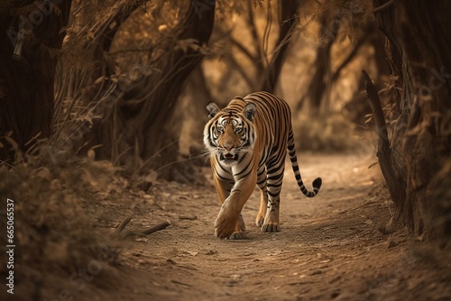 Tiger walking through Indian jungle. Ranthambhore National Park. Generative AI