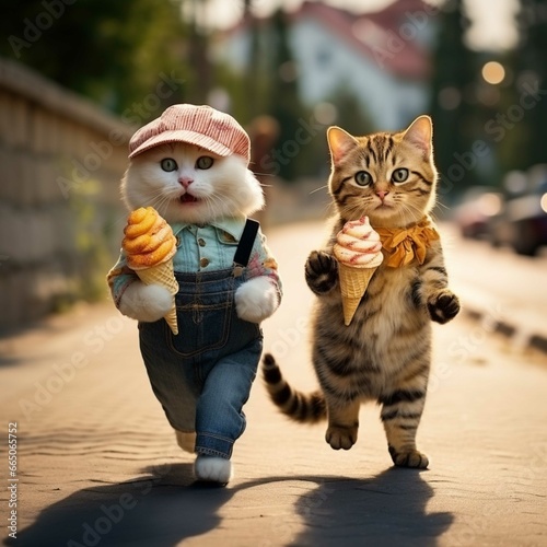 Cute little kittens in colorful clothes with backpack on the street
