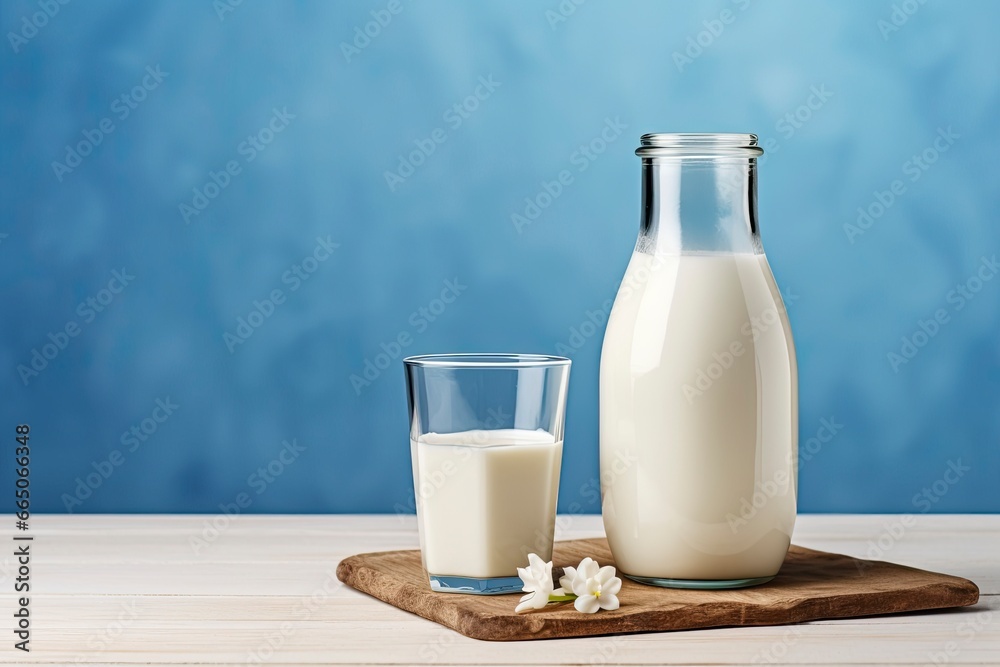 A bottle of milk and a glass of milk on a wooden table on a blue background. A bottle of milk and a glass of milk on a wooden table on a blue background.