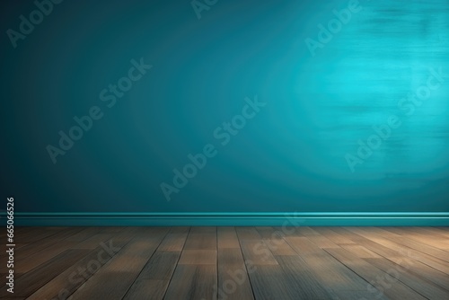 A minimalistic empty room with a serene blue wall and warm wooden flooring © pham