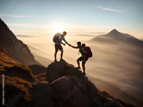 Man helping friend reach the mountain top